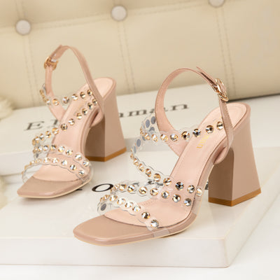 Thick-heeled Rhinestone Transparent Sandals