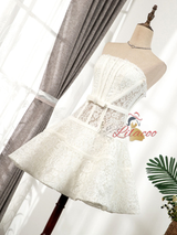 White Lace Strapless Pearls Homecoming Dress