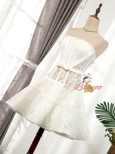 White Lace Strapless Pearls Homecoming Dress