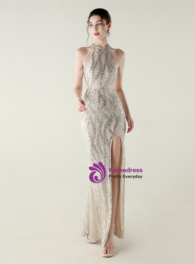 Mermaid Sequins Halter Beading Prom Dress