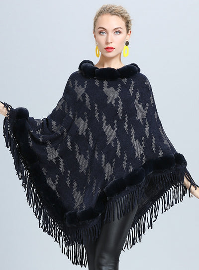 Geometric Jacquard Fur Collar Tassel Pullover Cloak