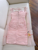 Pink Tulle Long Sleeve Pleats Prom Dress