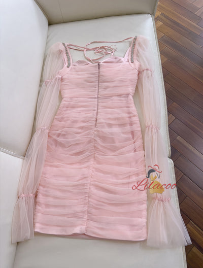 Pink Tulle Long Sleeve Pleats Prom Dress