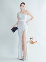 Mermaid One Shoulder Sequins Split Prom Dress