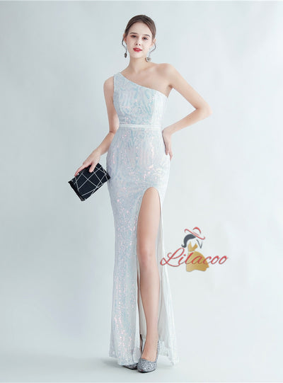 Mermaid One Shoulder Sequins Split Prom Dress