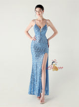 Spaghetti Straps Sequins Split Prom Dress