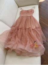Orange Pink Tulle Pleats Straps Prom Dress