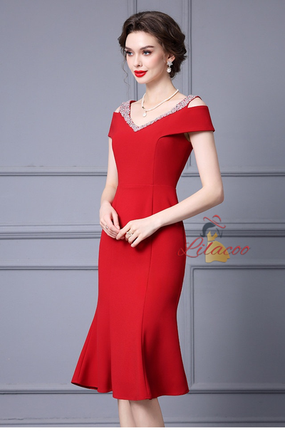 Burgundy V-neck Beading Mother Of The Bride Dress