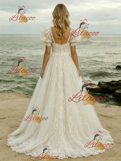 White Tulle Tulle Puff Sleeve Wedding Dress