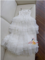 White Tulle Lace Tiers Formal Prom Dress