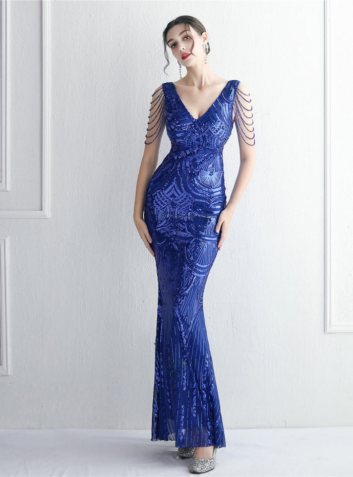 Mermaid V-neck Sequins Beading Prom Dress