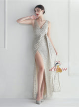 V-neck Sequins Pleats Split Prom Dress