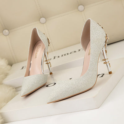 Metal Flower Thin High-heeled Pointed Wedding Shoes