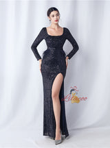 Long Sleeve Sequins Split Prom Dress