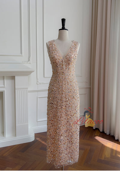 Gold Sequins V-neck Beading Prom Dress