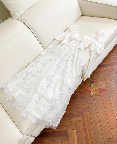White Lace Long Sleeve V-neck Prom Dress