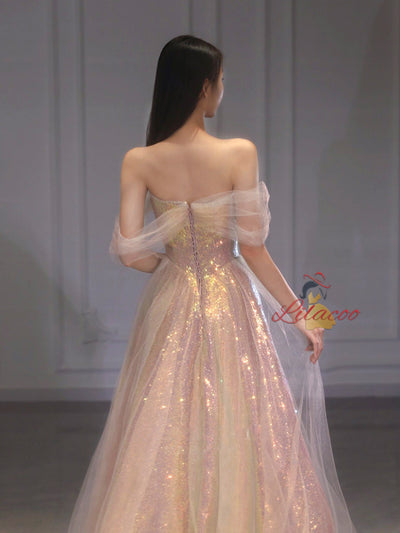 Pink Tulle Sequins Off the Shoulder Prom Dress