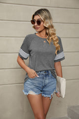Striped Stitching Loose Round Neck Short Sleeve T-shirt