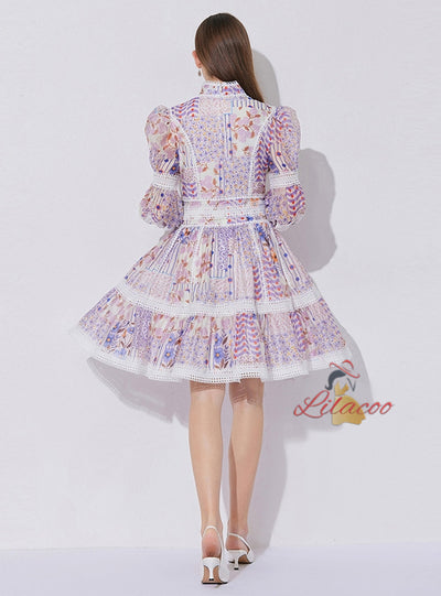 Lace Stitching Lantern Sleeves Dress