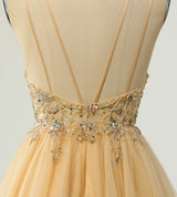 Gold Tulle Straps Beading Sequins Homecoming Dress
