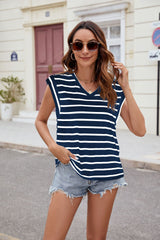 V-neck Striped Short Sleeve Loose T-shirt