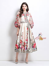 Retro Palace Printed V-neck Lantern Long Sleeve Dress