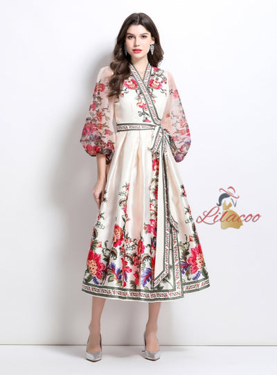 Retro Palace Printed V-neck Lantern Long Sleeve Dress