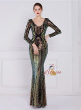 Long Sleeve V-neck Sequins Prom Dress