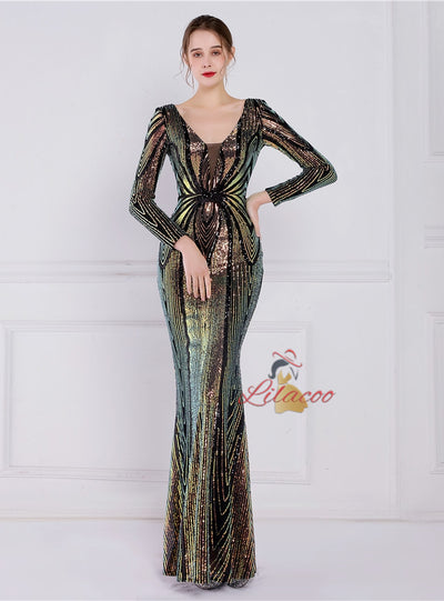 Long Sleeve V-neck Sequins Prom Dress