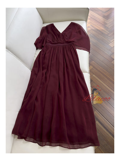 Burgundy Chiffon V-neck Pleats Prom Dress