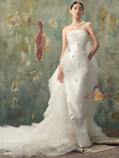 White Satin Tulle Strapless Beading Wedding Dress