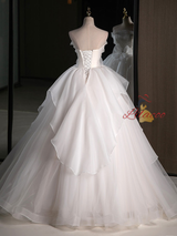 White Tulle Strapless Bow Pleats Wedding Dress