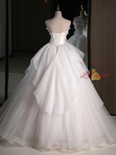 White Tulle Strapless Bow Pleats Wedding Dress