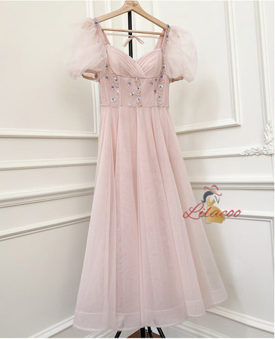 Pink Square Neck Gauze Bead Dress