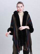 Colored Striped Fur Collar Fringed Shawl Cloak