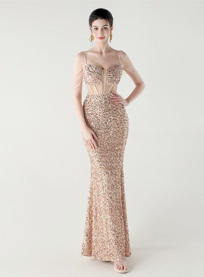 Mermadi Sequins Spaghetti Straps Beading Prom Dress