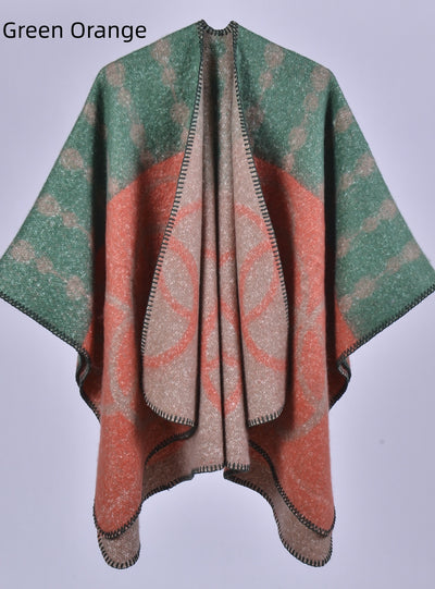 Thickened Cashmere Split Jacquard Scarf Cloak