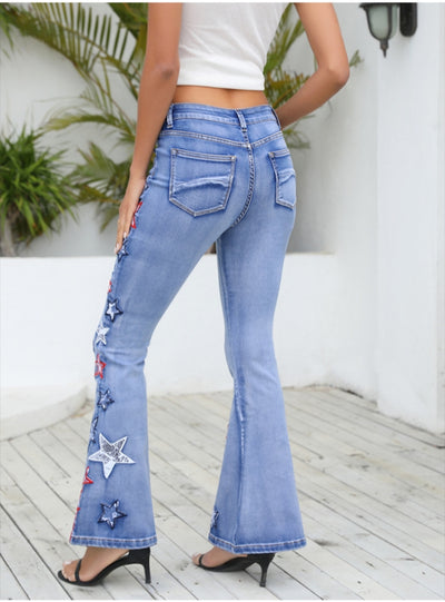 Women Flared Trousers Embroidered Jeans