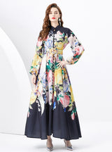 Printed Puff Sleeve Button Slim Dress