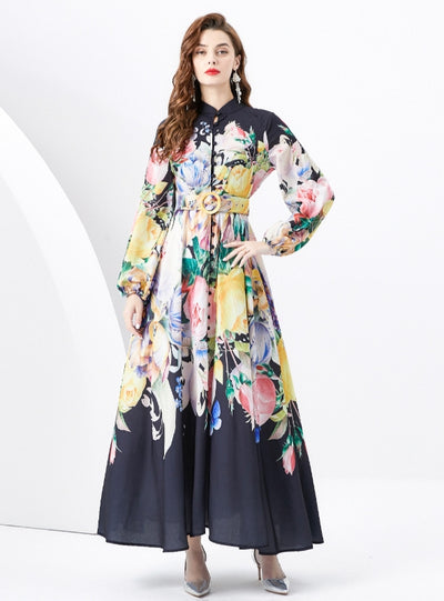 Printed Puff Sleeve Button Slim Dress