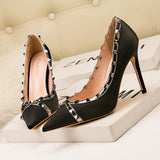 Thin Heels Riveted Satin Pointed Shoes