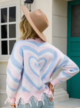 Pullover Love V-neck Cut Fringed Long Sleeve Sweater