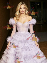 Purple Tulle Long Sleeve Tiers Prom Dress