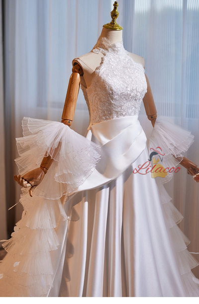 White Satin Lace High Neck Sleeveless Wedding Dress