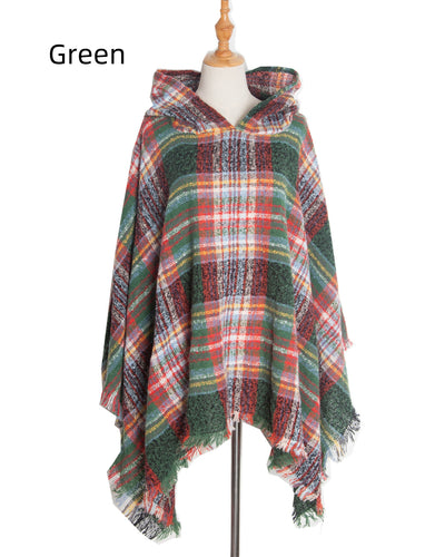 Double-sided Plaid Hooded Cloak Shawl