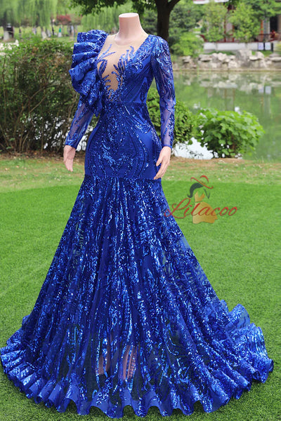 Royal Blue Mermaid Sequins Long Sleeve Prom Dress