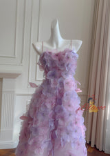 Purple 3D Flower Straps Prom Dress
