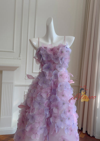 Purple 3D Flower Straps Prom Dress