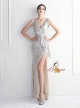 Sequins V-neck Beading Split Prom Dress