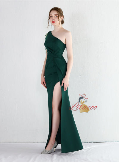 One Shoulder Split Beading Prom Dress